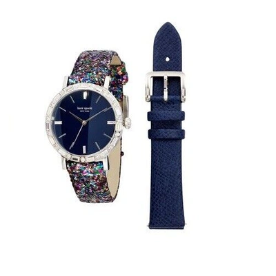 Pre-owned Kate Spade Metro Pave Blue Dial Interchangeable Glitz Multicolor Band Navy 34mm