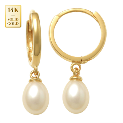 Pre-owned Anygolds 14k Real Solid Gold Huggie Pearl Drop Earrings,earlobe Snug Hinged Clicker Hoop In 14k Yellow Gold