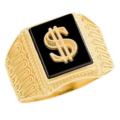 Pre-owned Jackani 10k Or 14k Solid Yellow Gold Onyx Dollar Sign Men's Fancy Ring In Black