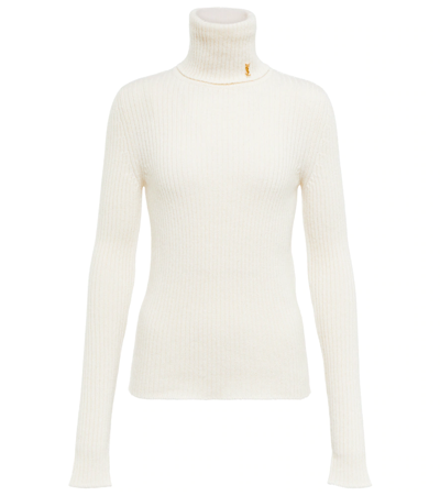 Saint Laurent Ribbed Turtleneck Pullover In Cream Wool And Cashmere In White