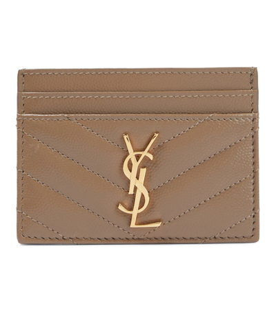 Saint Laurent Ysl-plaque Quilted-leather Cardholder In Taupe