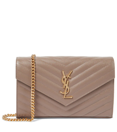 Saint Laurent Cassandre Leather Wallet On Chain In Taupe