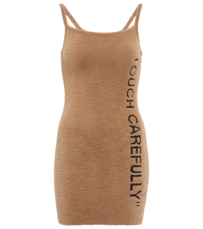 Off-white Quote Intarsia Fuzzy Mini Dress In Brown