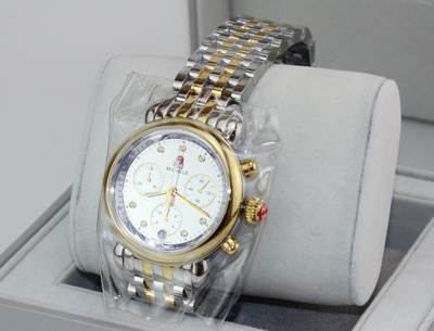 Pre-owned Michele Authentic  Csx 36 Silver Gold Mirror Chrono Mww03c000519 Womens Watch
