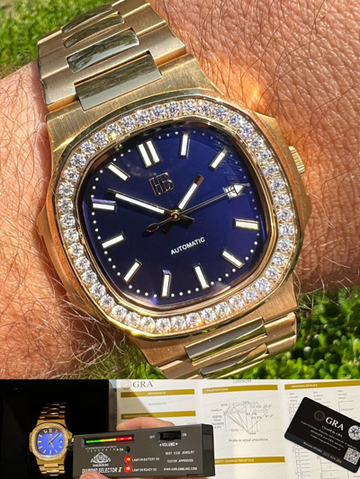 Pre-owned Harlembling Mens Real Stainless Gold Iced 2ct Moissanite Watch Pass Diamond Test Blue Face