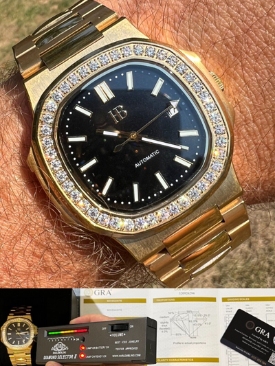 Pre-owned Harlembling Mens Real Stainless Gold Iced 2ct Moissanite Watch Pass Diamond Test Black Face