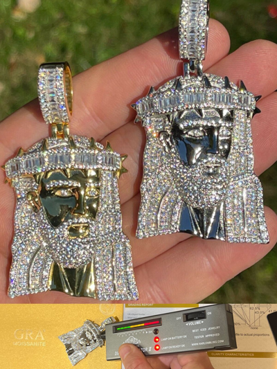 Pre-owned Harlembling 7ct Moissanite 925 Silver 14k Gold Plated Large Jesus Hip Hop Necklace Baguette
