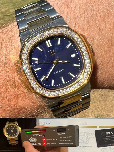 Pre-owned Harlembling Real Stainless & 14k Gold Iced 2ct Moissanite Watch Blue Face Pass Diamond Test