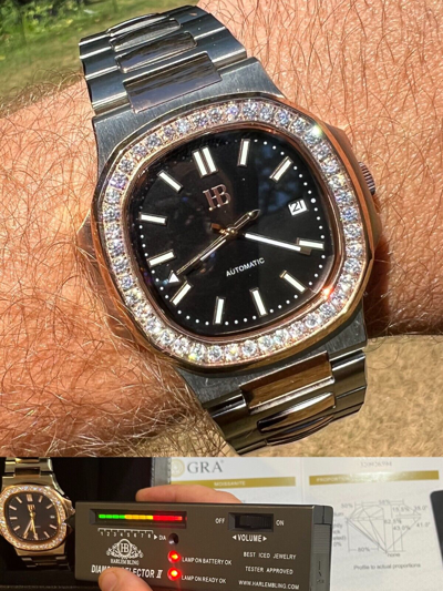 Pre-owned Harlembling Real Stainless & 14k Rose Gold Iced 2ct Moissanite Plain Watch Pass Diamond Test