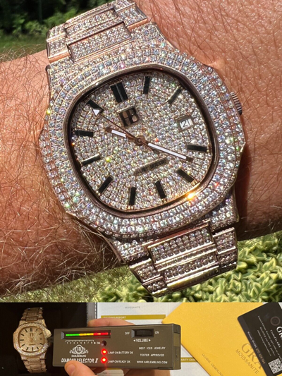 Pre-owned Hip Hop Real 14ct Moissanite Mens Watch Iced Stainless 14k Rose Gold Pass Diamond Test