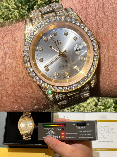Pre-owned Hip Hop Real 13.3ct Moissanite Automatic Presidential Watch Gold Iced  Pearl Face