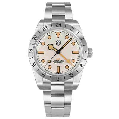 Pre-owned San Martin Sn0054-g Bb Gmt Automatic Stainless Steel 39mm 10atm Men Sports Watch In Matte White