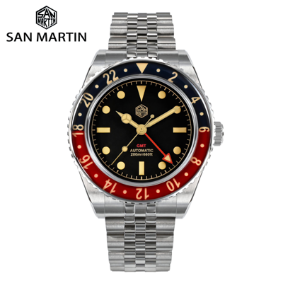 Pre-owned San Martin Sn0005-gmt-2 Automatic Stainless Steel 40mm 20atm Men's Diver Watch In Matte Black