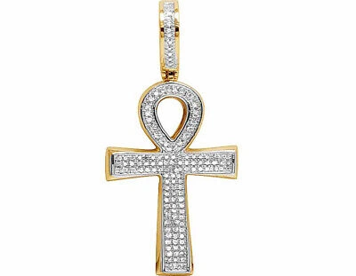 Pre-owned Jewelry Unlimited Unisex 10k Yellow Gold Pave Genuine Diamond Ankh Cross Pendant Charm 1/4 Ct 1.4"
