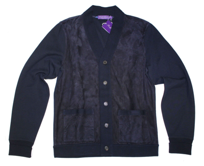 Pre-owned Ralph Lauren Purple Label Mens Navy Suede Leather Cardigan Button Sweater Jacket In Blue