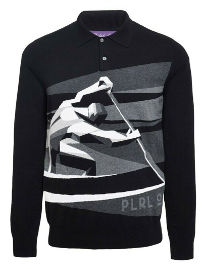 Pre-owned Ralph Lauren Purple Label $995  Art Deco Rowing Graphic Rlx Polo Pullover Sweater In Black
