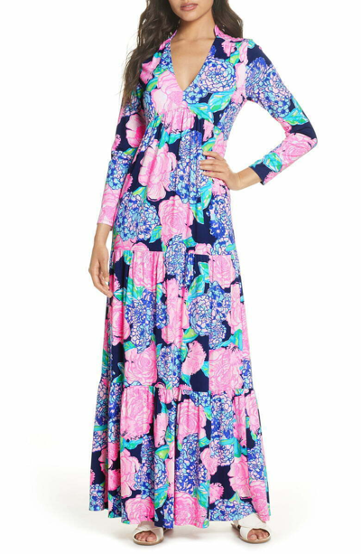 Pre-owned Lilly Pulitzer Martinique Tiered Maxi Dress Navy Hey Hey Bouquet Xs S M L Xl In Purple Navy Blue Green Pink