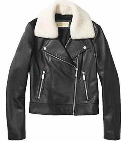 Pre-owned Michael Michael Women Leather Jacket Shearling Collar Kors Black Size Xs - Xxl