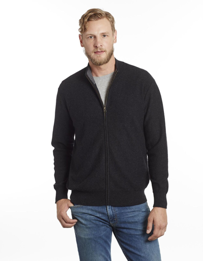 Pre-owned Invisible World Men's 100% Cashmere Herringbone Textured Zip Mock-turtle Cardigan Sweater In Charcoal