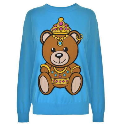 Pre-owned Moschino Couture Ss17  Jeremy Scott Crowned Teddy Bear Jumper Light Blue Sweater