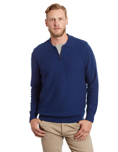 Pre-owned Invisible World Men's 100% Cashmere Herringbone-texture Polo Collar Zip Pullover Sweater In Blue