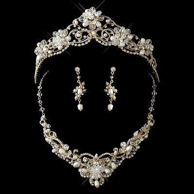 Pre-owned Elegance Bc Gold Or Silver Pearl Rhinestone Crystal Bridal Wedding Necklace & Tiara Set