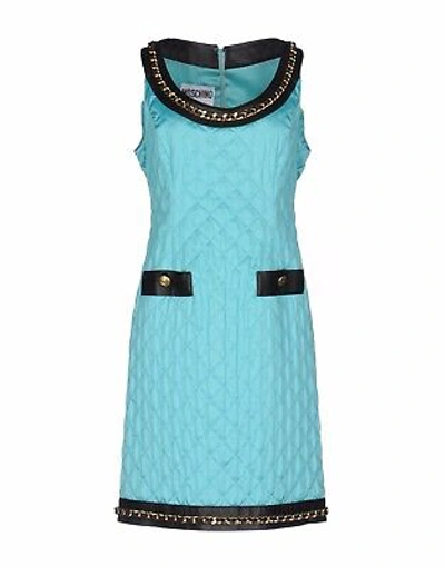 Pre-owned Moschino $3595  Couture Jeremy Scott Turquoise Quilted Barbie Satin Dress Leather In Blue