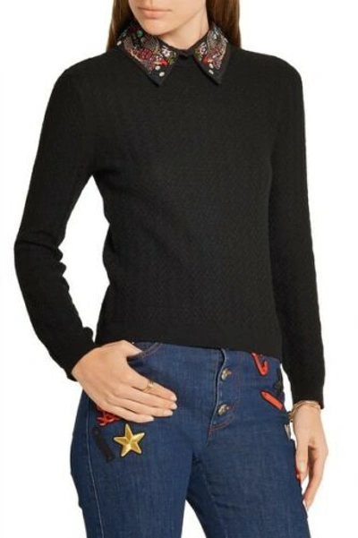 Pre-owned Alice And Olivia Alice + Olivia Brooke Bird Embroidered Collared Sweater In Black Size S