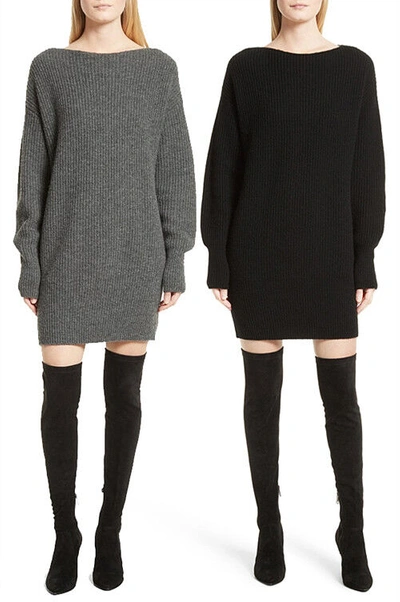 Pre-owned Theory $495  Rib Cocoon Wool Sweater Dress Black / Charcoal