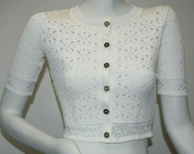 Pre-owned Oscar De La Renta $1895  Classic Crop Stretch Knit Perorate Cardigan White Xs