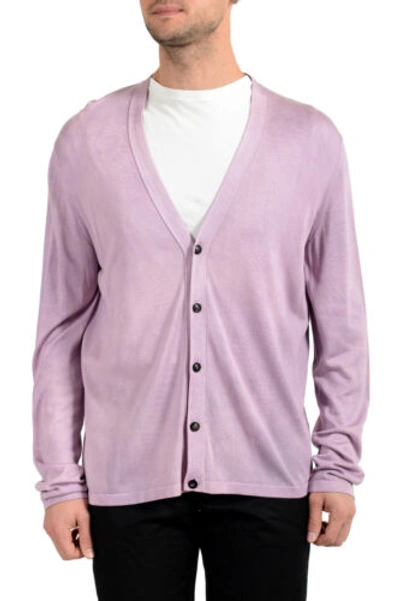 Pre-owned Versace Men's 100% Silk Purple Cardigan Pullover Sweater Us L It 52