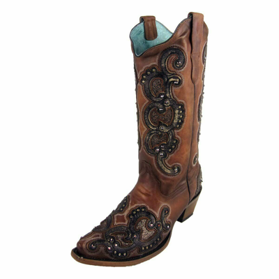 Pre-owned Corral Boots Corral Women's Honey Overlay Studs Snip Toe Boot E1508 In Brown