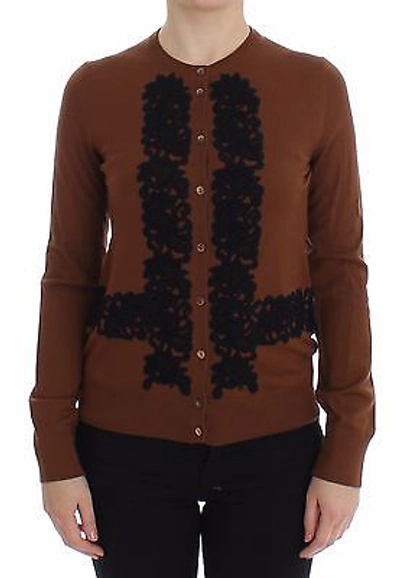Pre-owned Dolce & Gabbana Cardigan Sweater Brown Wool Black Lace It38 /us4 /xs Rrp $1100