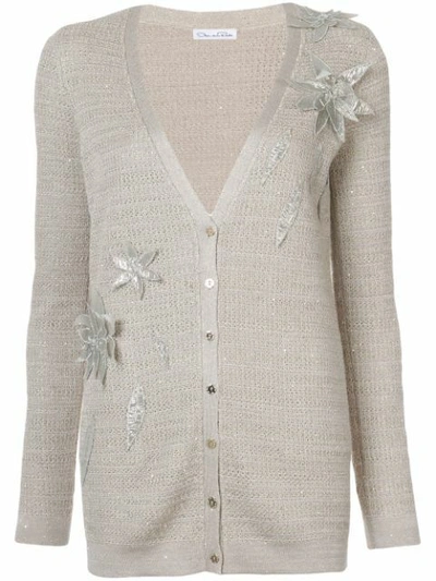 Pre-owned Oscar De La Renta $2690  Knit Silk Viscose 3 D Flowers Cardigan Gold Beige M