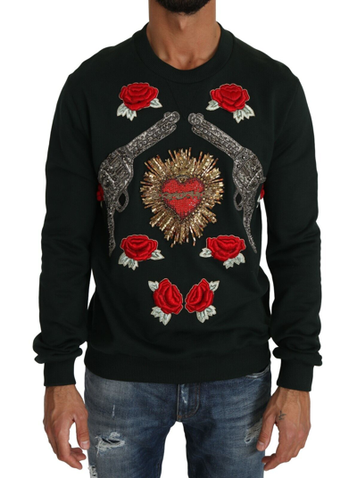 Pre-owned Dolce & Gabbana Sweater Green Crystal Heart Roses Gun S. It44 / Xs Rrp $4900
