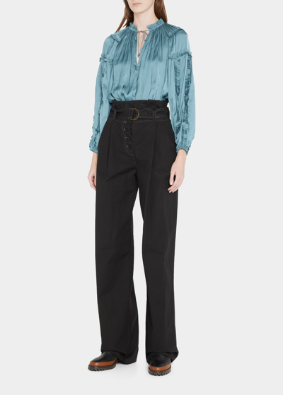 Ulla Johnson Maeve Split-neck Pleated Satin Blouse In Atlantic