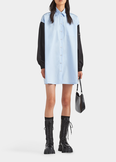 Prada Button-down Poplin Shirtdress With Re-nylon Sleeves In F0c9n Cielo Nero