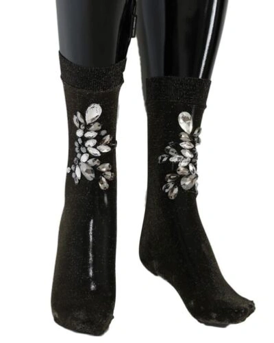 Pre-owned Dolce & Gabbana Dolce&gabbana Women Black Socks Nylon Stretch Crystals Floral Mid Calf Stocking