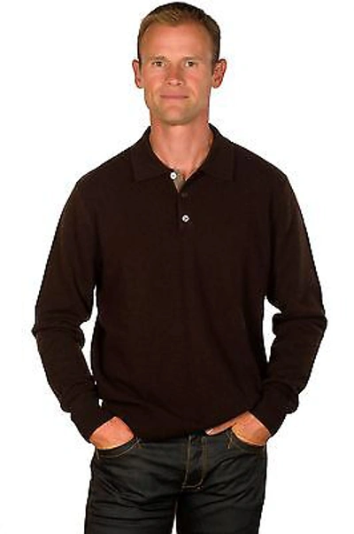 Pre-owned Ugholin Men's 100% Cashmere Brown Solid Knit Polo Sweater