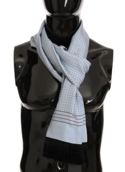 Pre-owned Dolce & Gabbana Dolce&gabbana Men Blue Scarf Wrap 100% Silk Polka Dot Fringes Long Casual Shawl