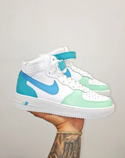 Pre-owned Nike Air Force 1 Mid Womens Gs Girls Blue Mint Af1 In White