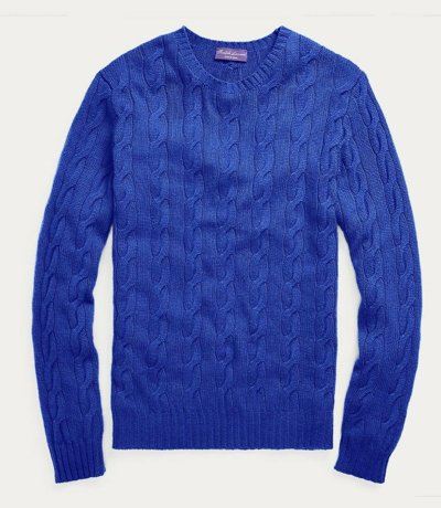Pre-owned Ralph Lauren Purple Label $995  Cashmere Cable Knit Slim Fit Crew Neck Sweater In Blue