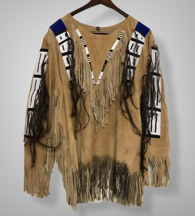 Pre-owned Native American03 Sioux Style American Native Suede Leather Indian Jacket Fringe & Beads War Shirt In Beige