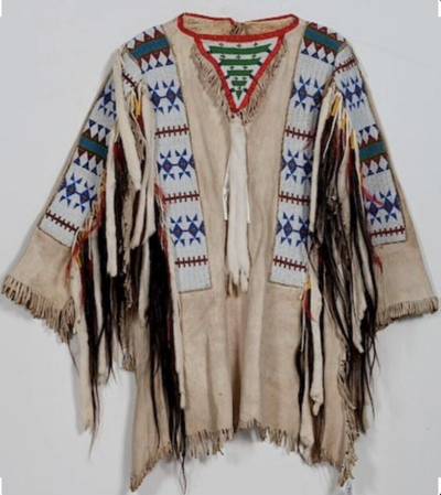 Pre-owned Native American03 Sioux Style Native American Western Jacket Fringes & Beads Work War Shirt In Beige