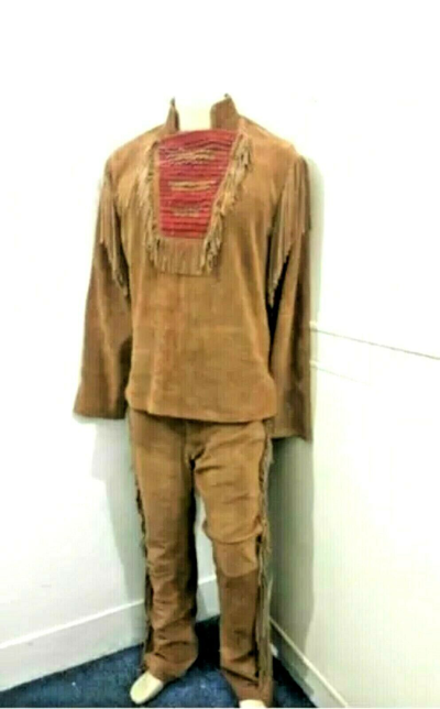 Pre-owned Native American03 Old 1800 Style Western Brown Buckskin Suede Leather Red Bib Shirt & Pant Sxp297
