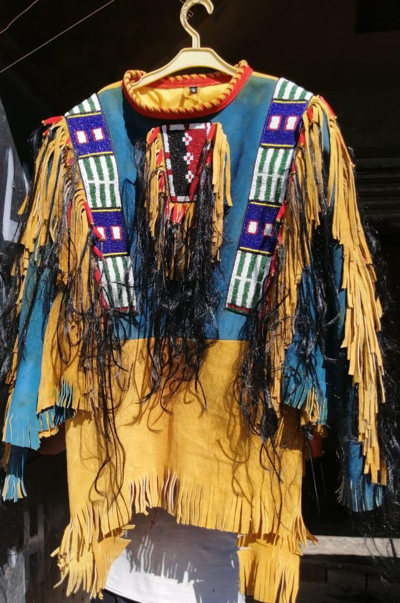 Pre-owned Native American03 Old Style American Buckskin Buffalo Beaded Fringes Powwow Regalia War Shirt In Blue, Brown