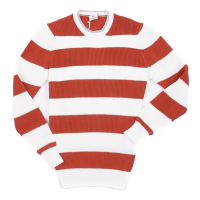 Pre-owned Luigi Borrelli Borrelli Napoli Red And White Striped Knit Cotton Sweater Slim M (eu 50)