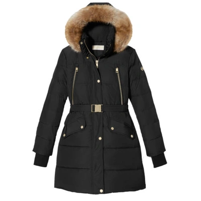 Pre-owned Michael Kors Michael  Women Coat Black Down Faux Fur 3/4 Length Belted Puffer