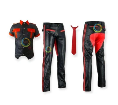 Pre-owned Conscious International Men's Red Black Leather Pant Shirt Tie Biker Motorcycle Pant Chaps Shirt Uniform
