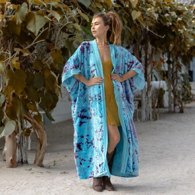 Pre-owned Misty Tiedye Velvet Kimono Duster Holidays Festivals One Size Fits ..1x 2x. In Blue